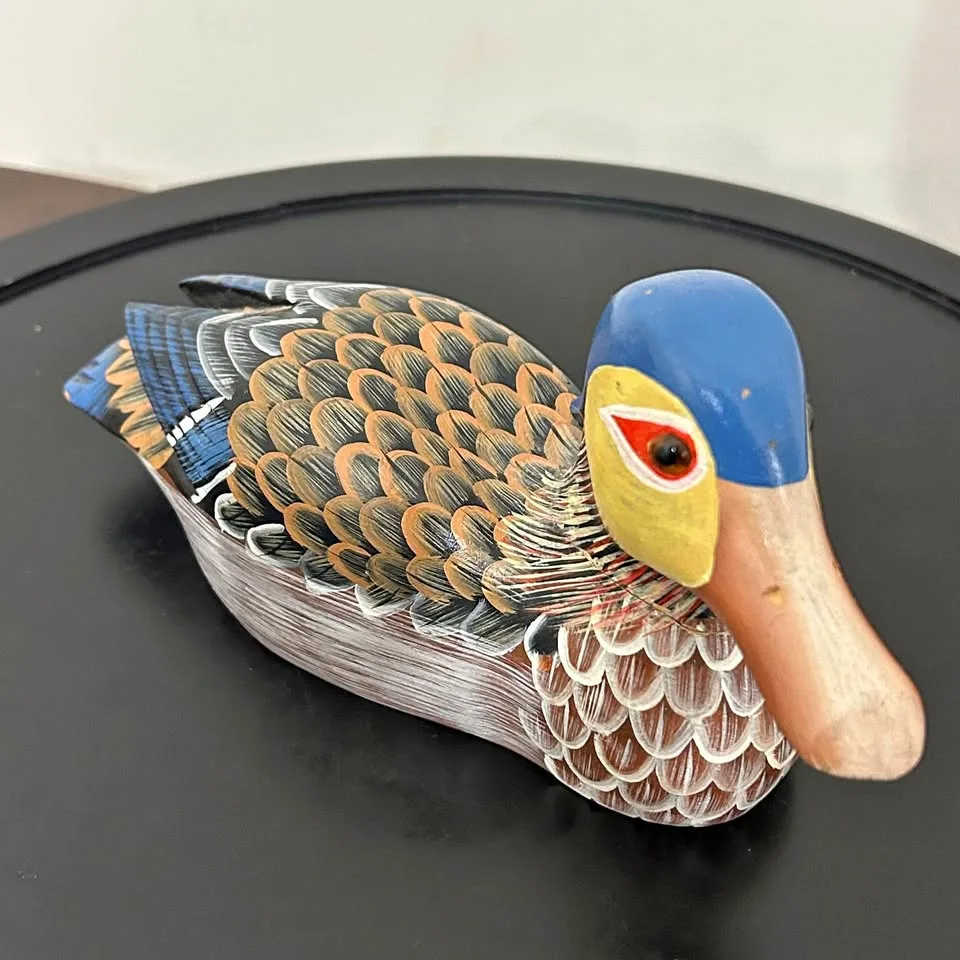 Hand Carved Wooden Duck – Folk Art Painted 8” long thumbnail