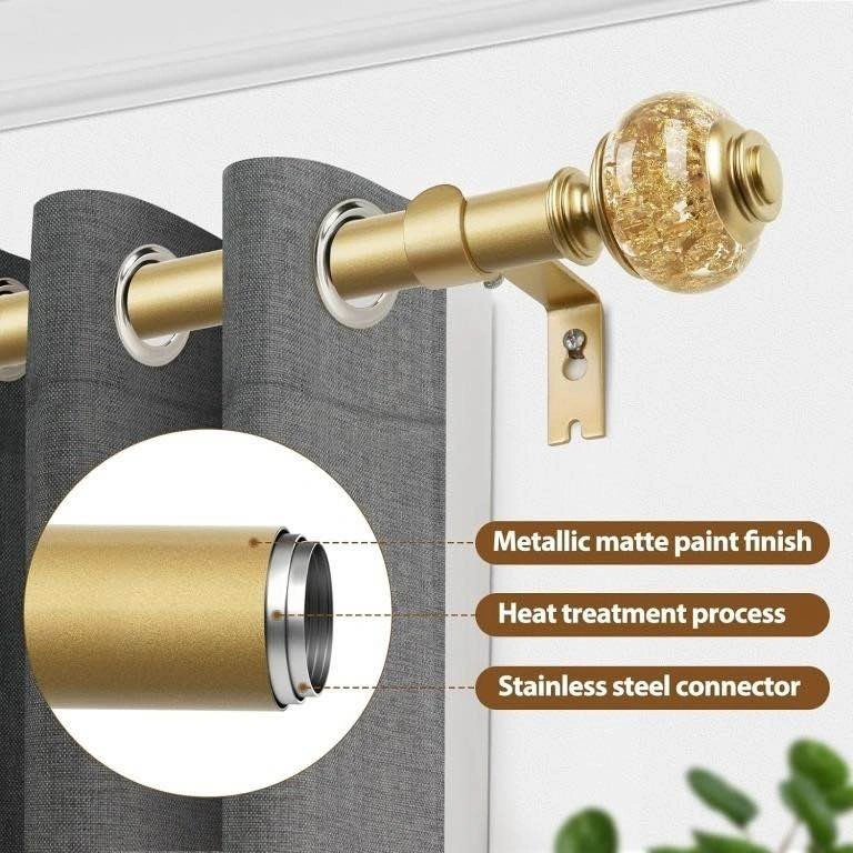 Gold Curtain Rod with Gold Leaf Glass Finials - 32-58 Inches - photo 2