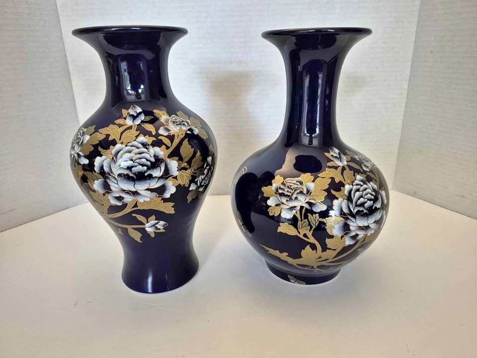 Pair of Chinese Cobalt Blue & Gold Porcelain Vases, 9.5"