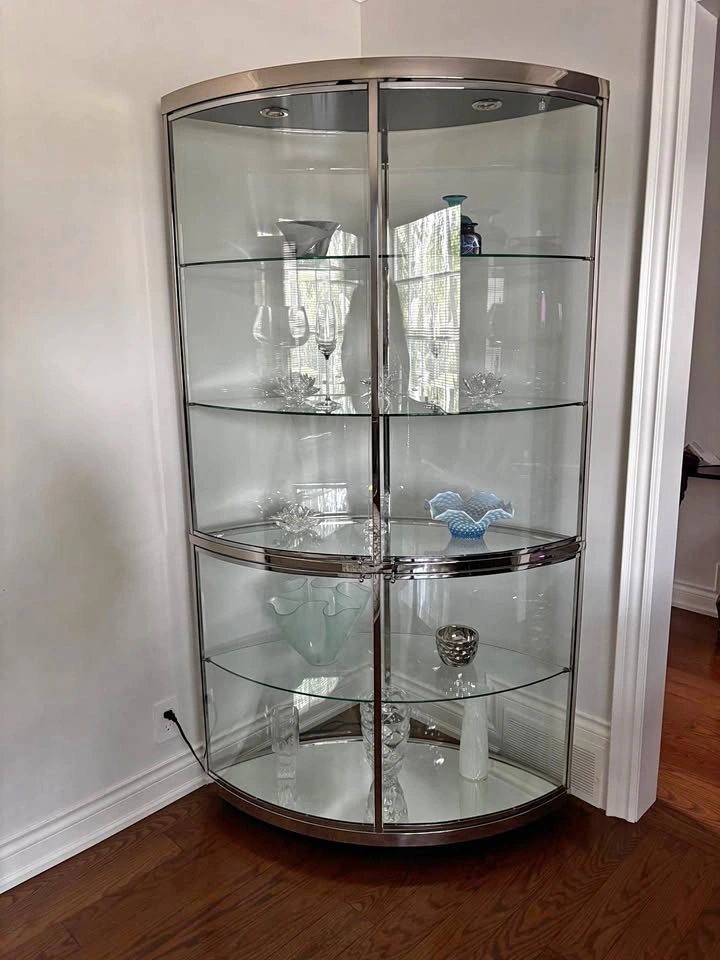 Chrome and Glass Corner Curio Cabinet