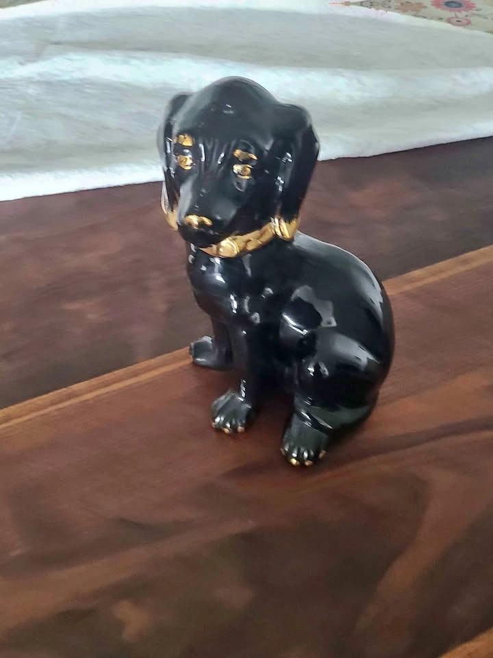 Vintage Black and Gold Ceramic Dachshund Figurine