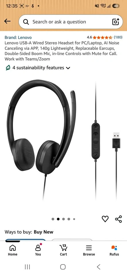 Lenovo USB-A Wired Stereo Headset Gen 2