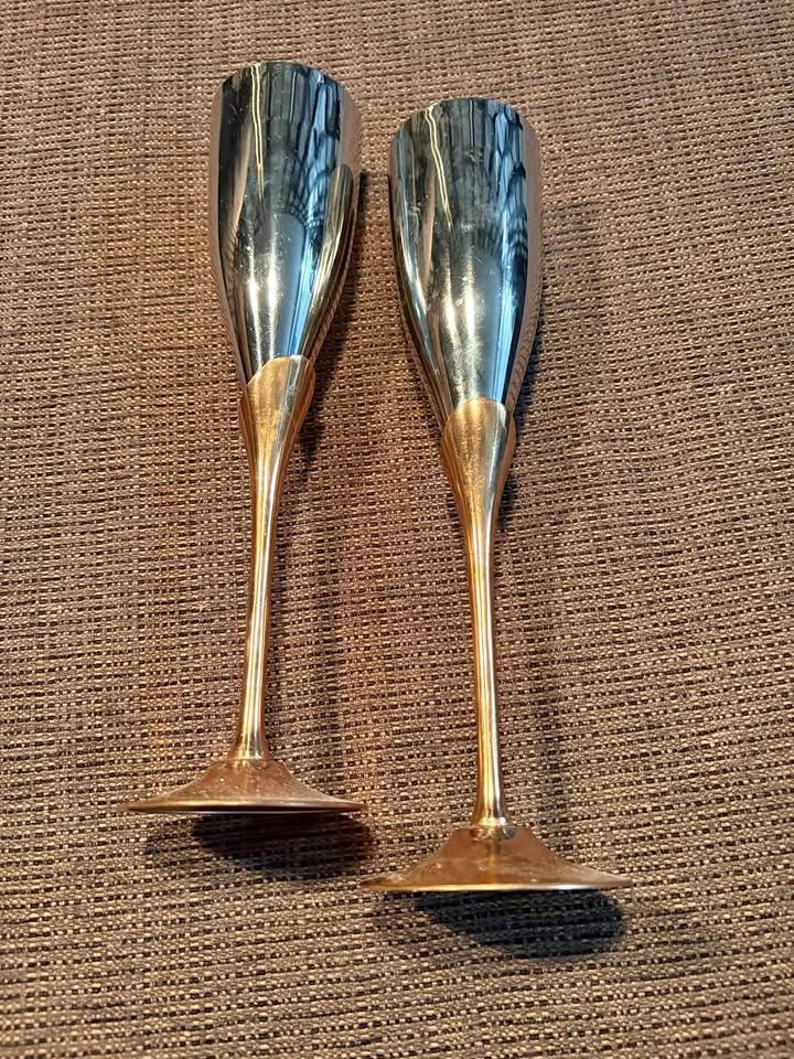 Pair of Vintage Two-Tone Champagne Flutes – Brass Stem & Silver-