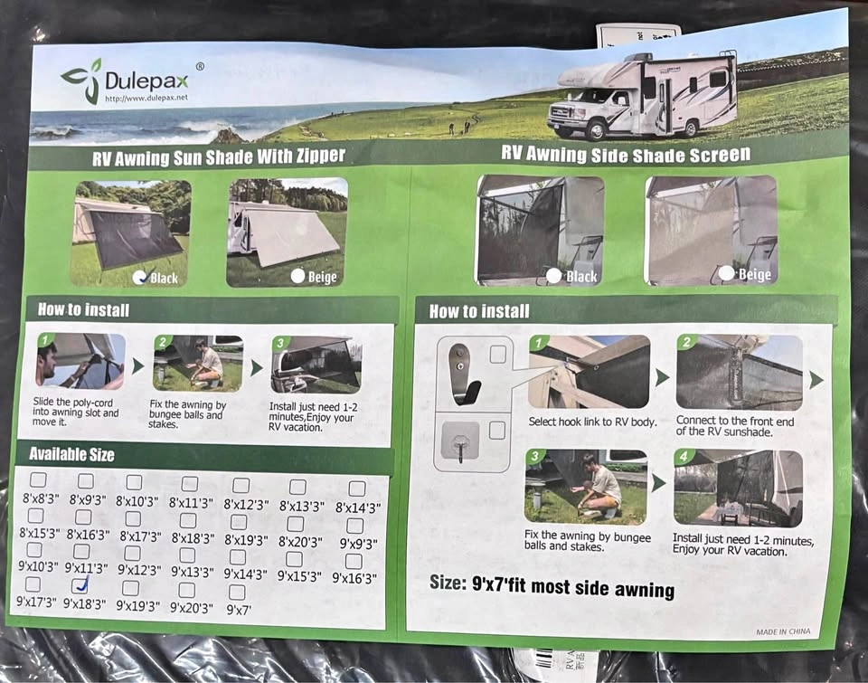 Dulepax RV Awning Sun Shade Screen with Zipper 9'X11'3''