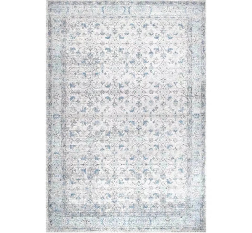 Distressed Floral Area Rug - Light Blue and Grey