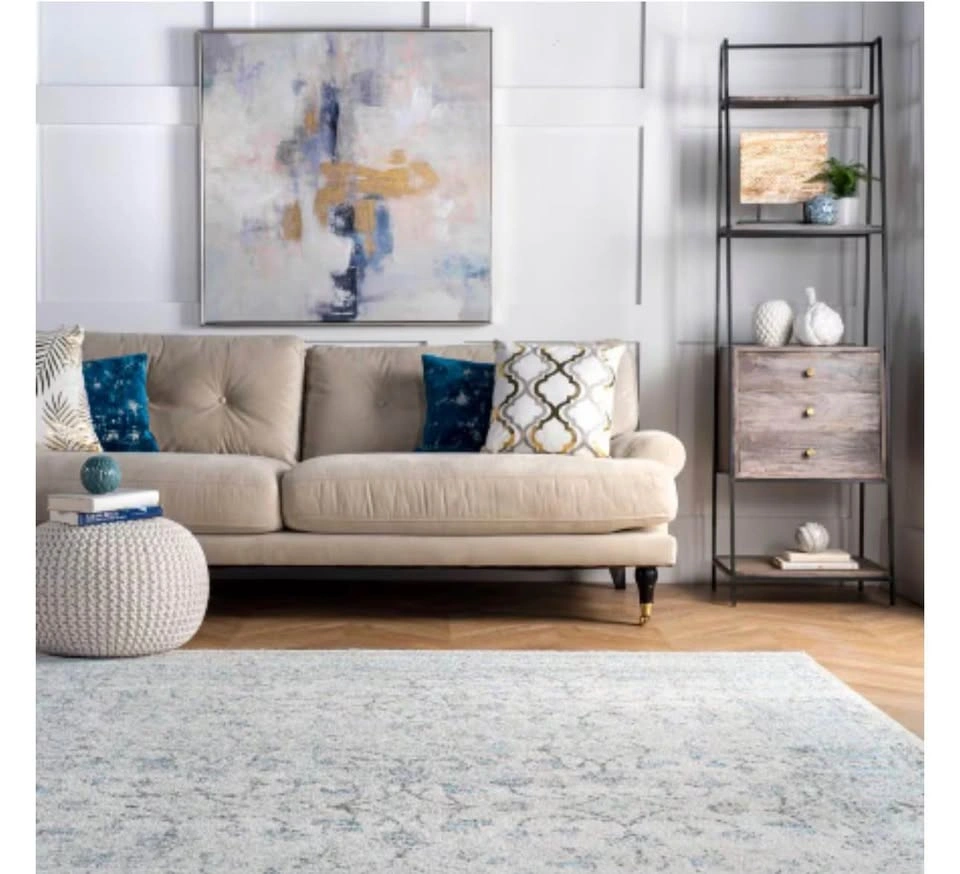 Distressed Floral Area Rug - Light Blue and Grey - photo 3