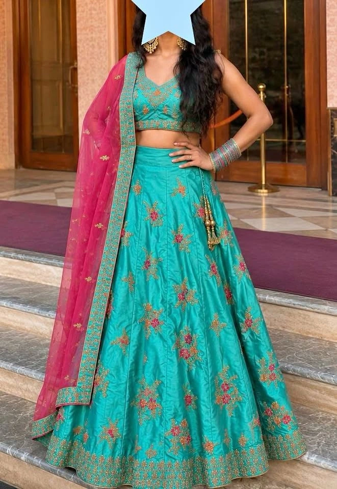 Party Wear Aqua Lehenga with Matching Bangles