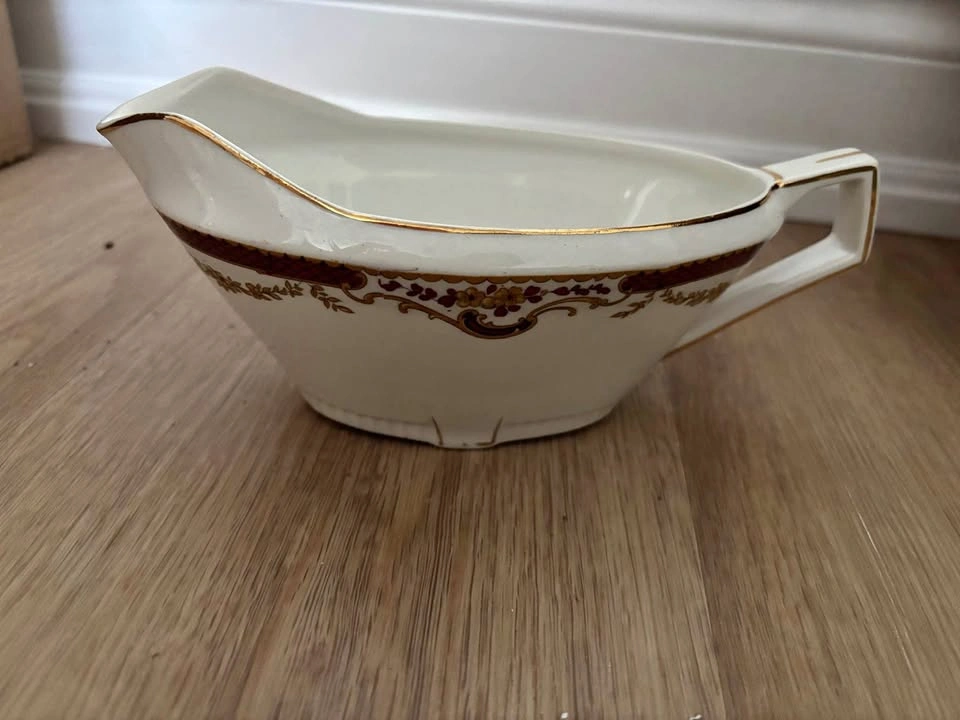 Vintage Ceramic Gravy Boat with Gold Rim and Floral Pattern