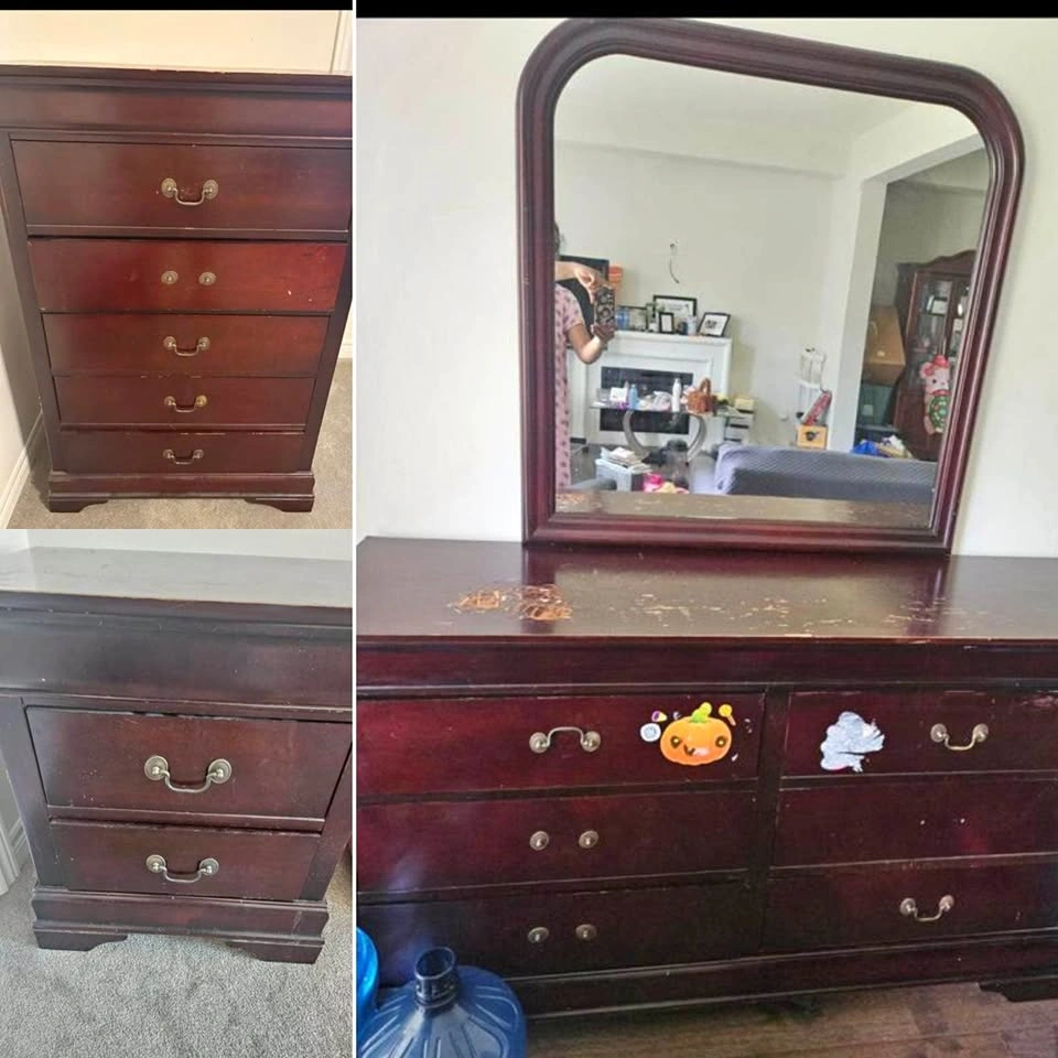 Wooden Bedroom whole set - Dresser, side end table and 5 Draw Ch