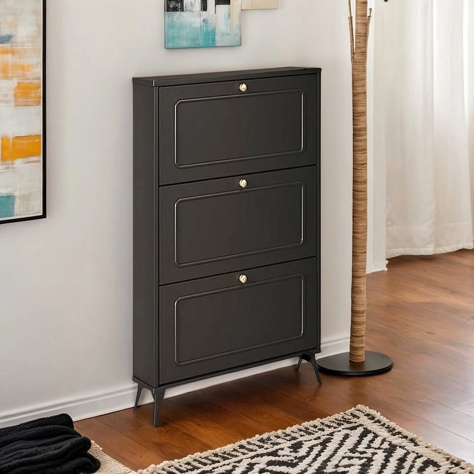 SOCE053 A2148 Narrow Wooden Shoe Cabinet with Triple Flip Doors
