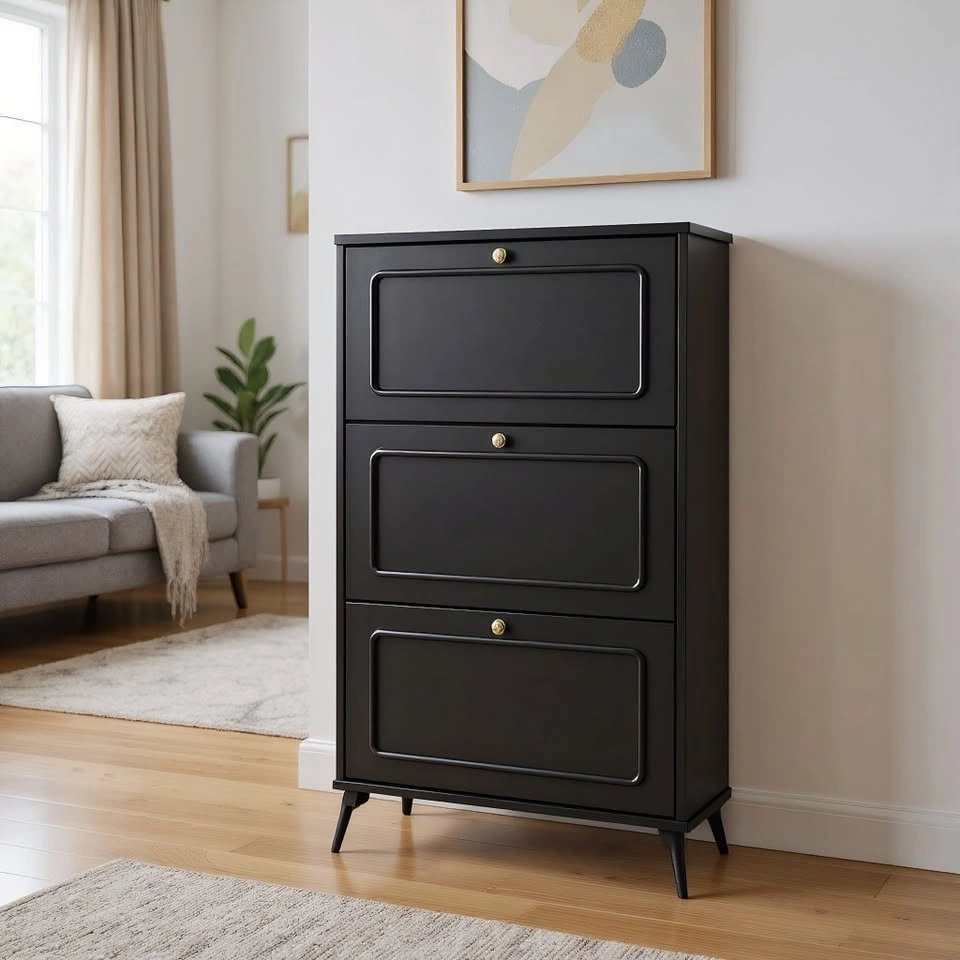 SOCE053 A2148 Narrow Wooden Shoe Cabinet with Triple Flip Doors - photo 2