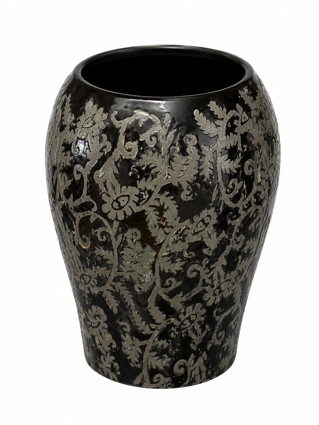 Decorative Charcoal Ceramic Vase with Botanical Pattern
