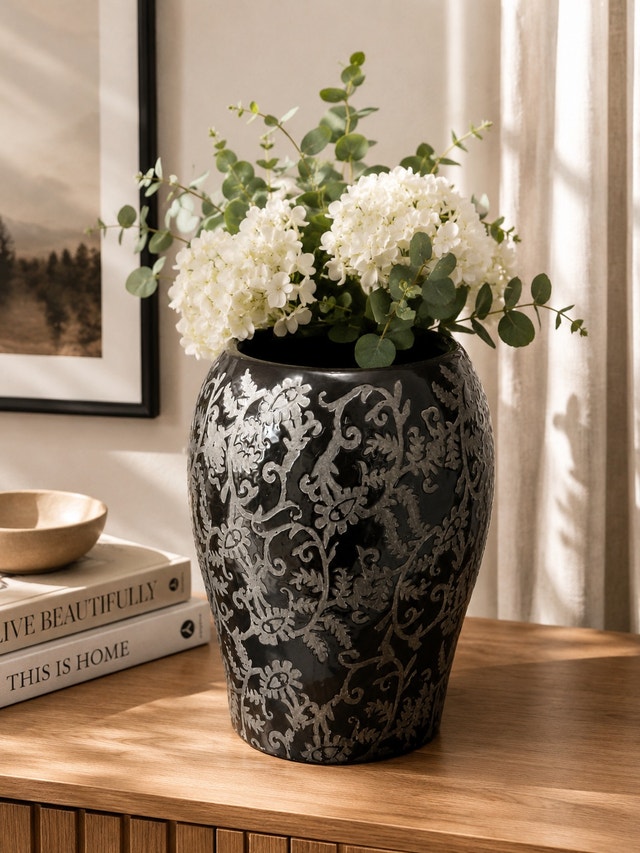 Decorative Charcoal Ceramic Vase with Botanical Pattern - photo 2