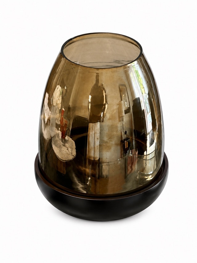 Smoked Amber Glass Candle Lantern with Dark Wood-Look Base