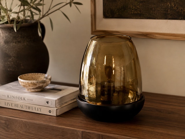 Smoked Amber Glass Candle Lantern with Dark Wood-Look Base - photo 2
