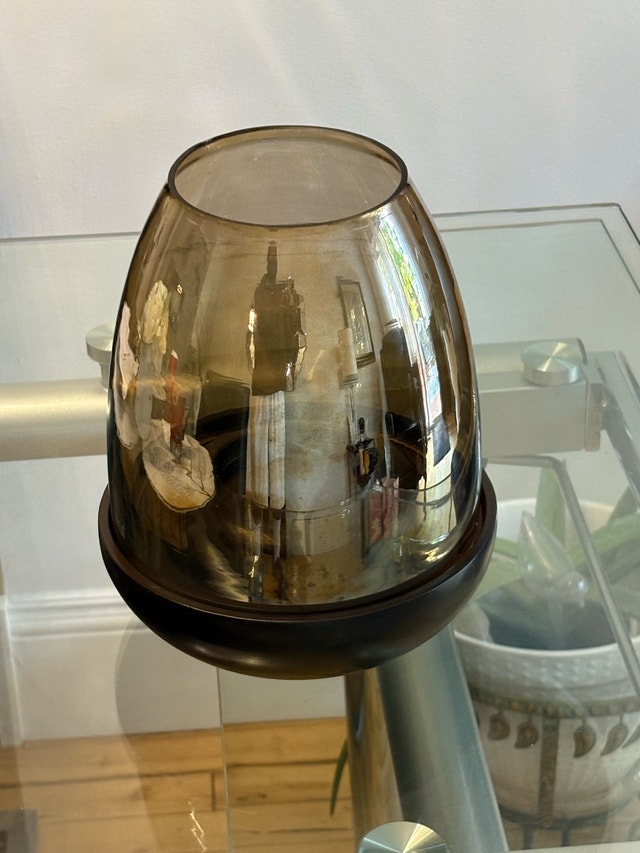 Smoked Amber Glass Candle Lantern with Dark Wood-Look Base - photo 3