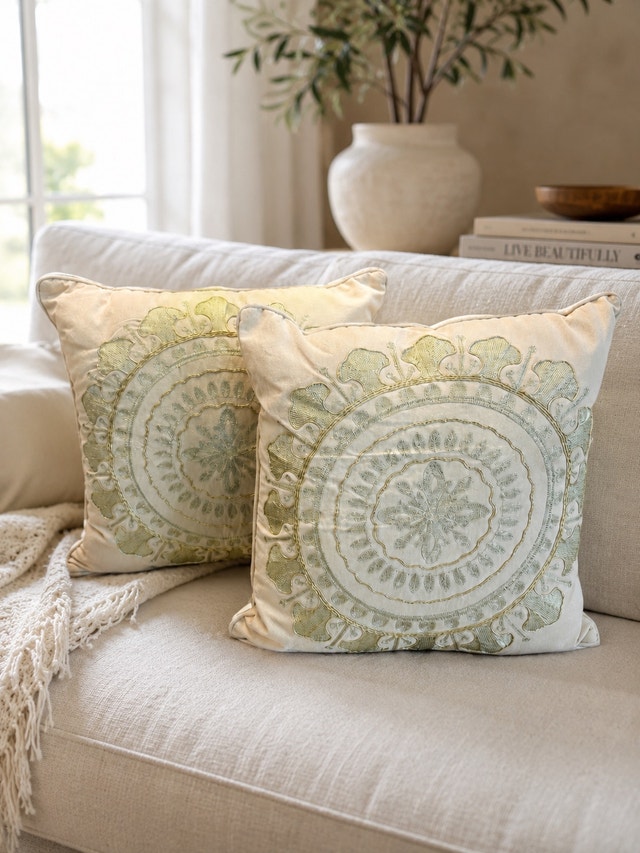 2 Embroidered Decorative Throw Pillows – Ivory & Sage Medallion - photo 2