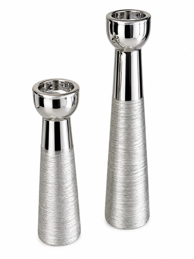 Modern Silver Metal Candle Holder Set - Textured