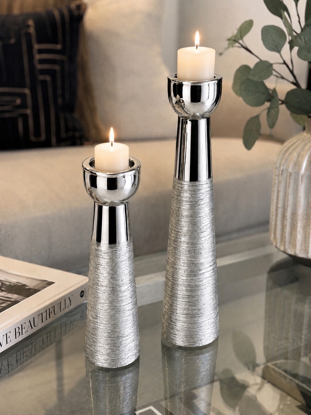 Modern Silver Metal Candle Holder Set - Textured - photo 2