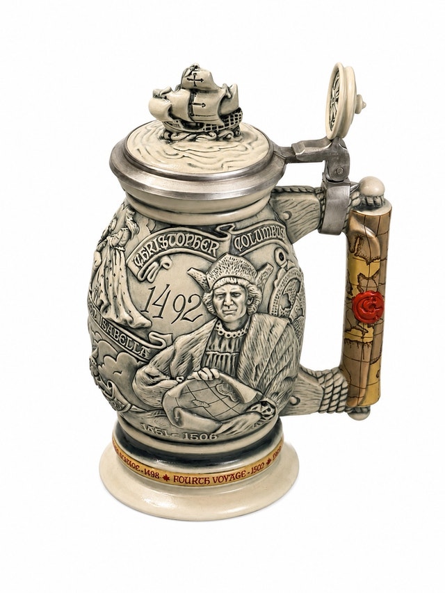 Vintage Christopher Columbus 1492 Beer Stein with Pewter Lid