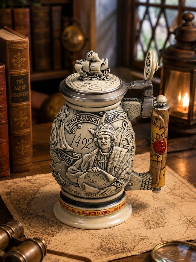Vintage Christopher Columbus 1492 Beer Stein with Pewter Lid - photo 2