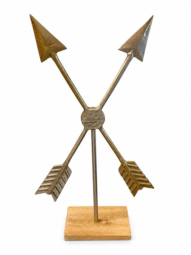 Decorative Crossed Arrow Metal Sculpture on Wooden Base