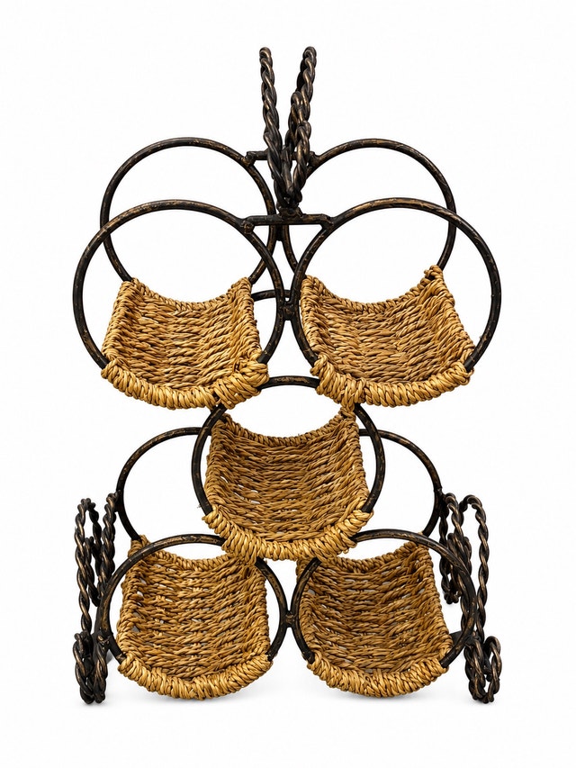 Rustic Woven 5-Bottle Wine Rack with Twisted Metal Frame