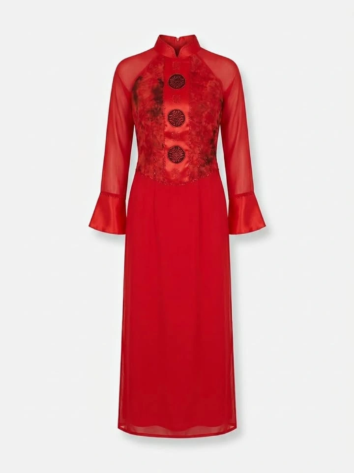 Traditional Vietnamese Áo Dài – Red Embellished Set – Size Small