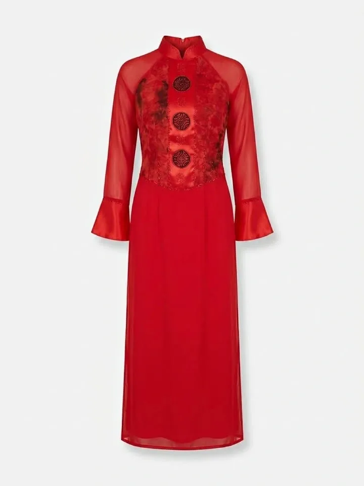 Traditional Vietnamese Áo Dài – Red Embellished Set – Size Small