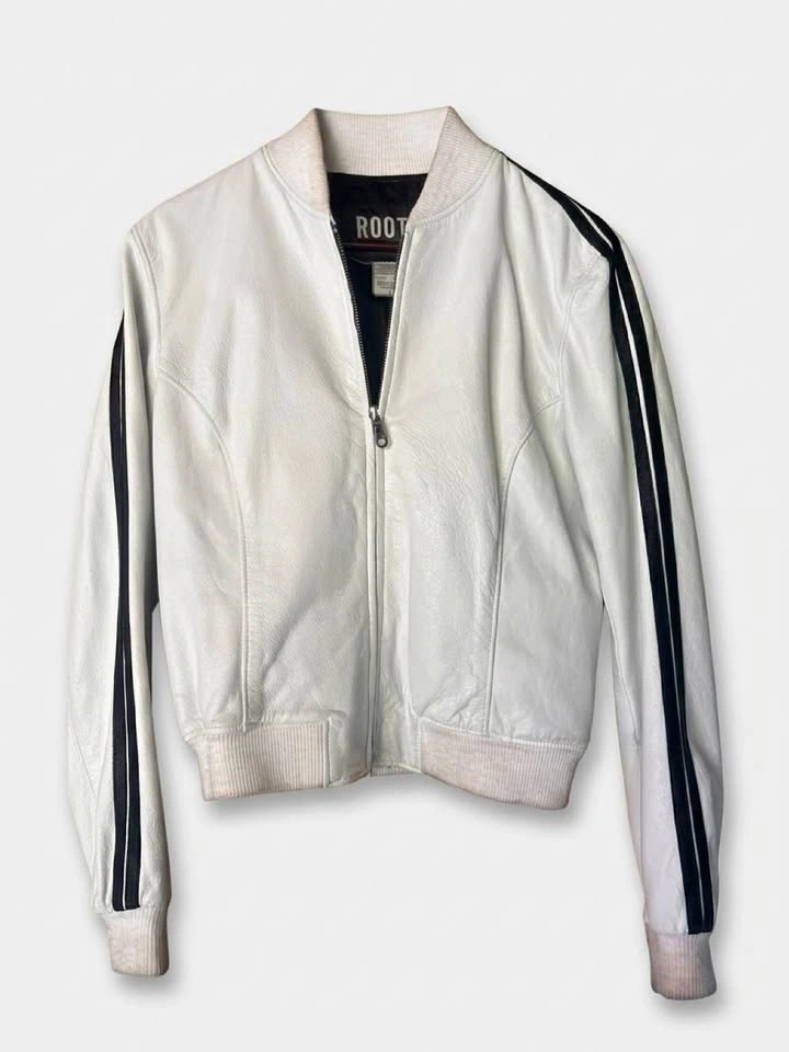 Vintage ROOTS Canada White Leather Racing Jacket – Black Stripes