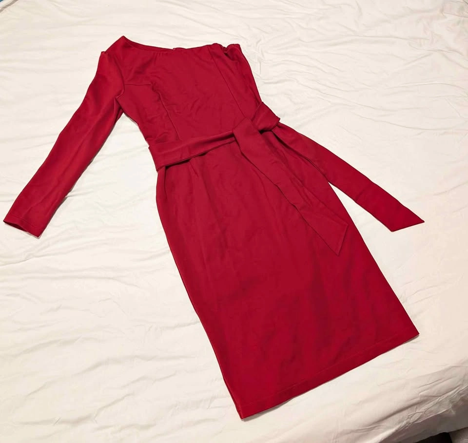 Red one-shoulder dress with tie belt