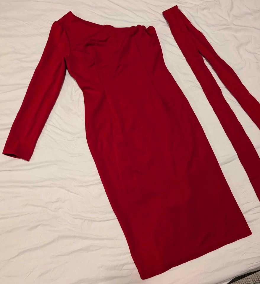 Red one-shoulder dress with tie belt - photo 3