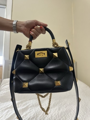 Valentino Garavani Black Studded Quilted Satchel, Gold Chain Str