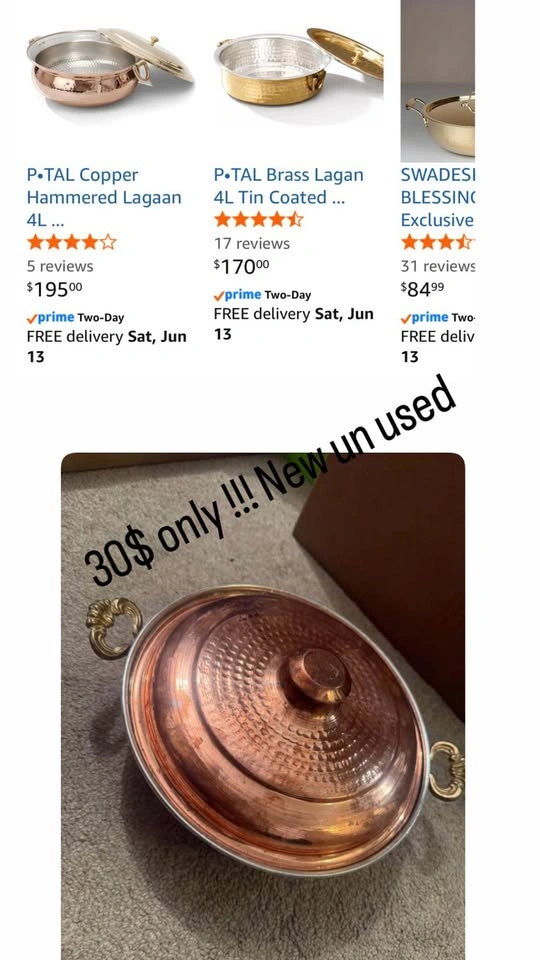 Handcrafted Pure Copper Antique Cooking Pot with Lid - photo 2