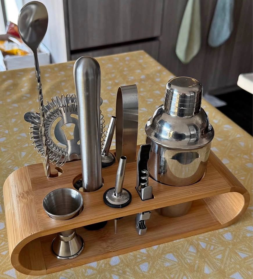 Stainless Steel Cocktail Shaker Set with Bamboo Stand
