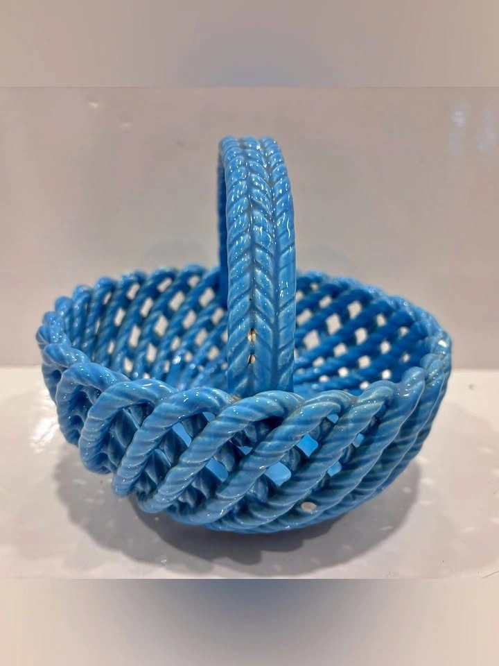 Vintage Blue Ceramic Woven Basket Planter Candy Dish