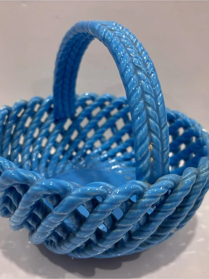 Vintage Blue Ceramic Woven Basket Planter Candy Dish - photo 2