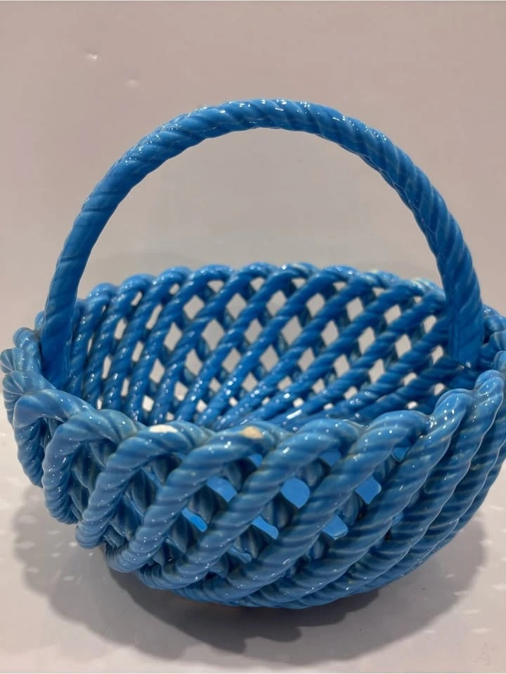 Vintage Blue Ceramic Woven Basket Planter Candy Dish - photo 3
