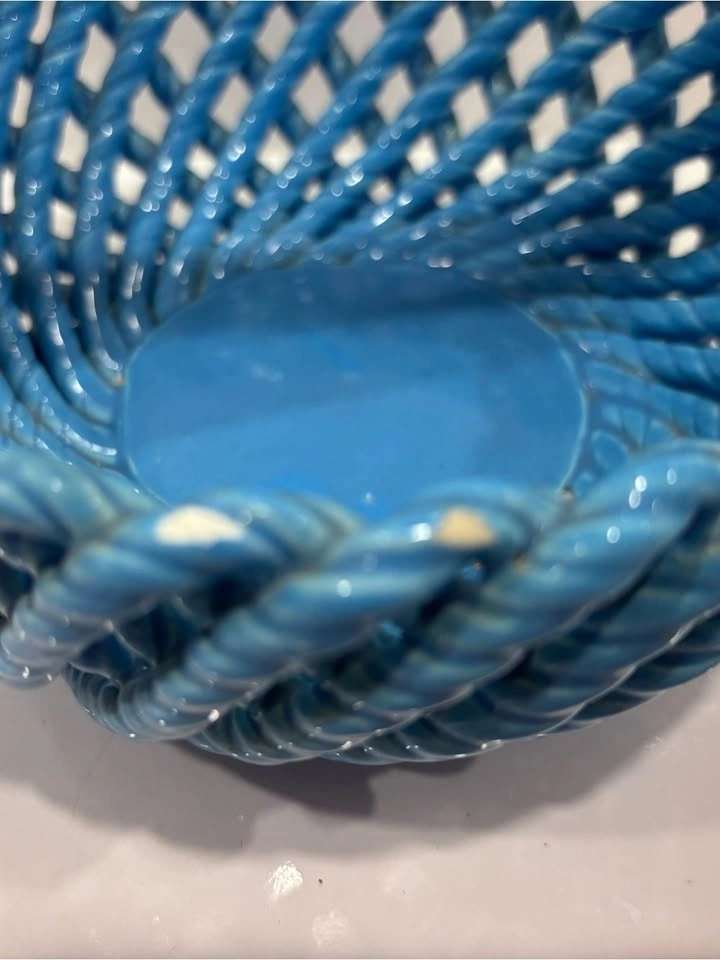 Vintage Blue Ceramic Woven Basket Planter Candy Dish - photo 4