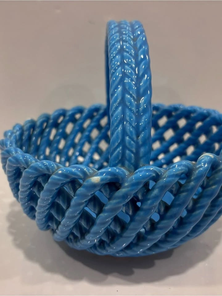 Vintage Blue Ceramic Woven Basket Planter Candy Dish - photo 5