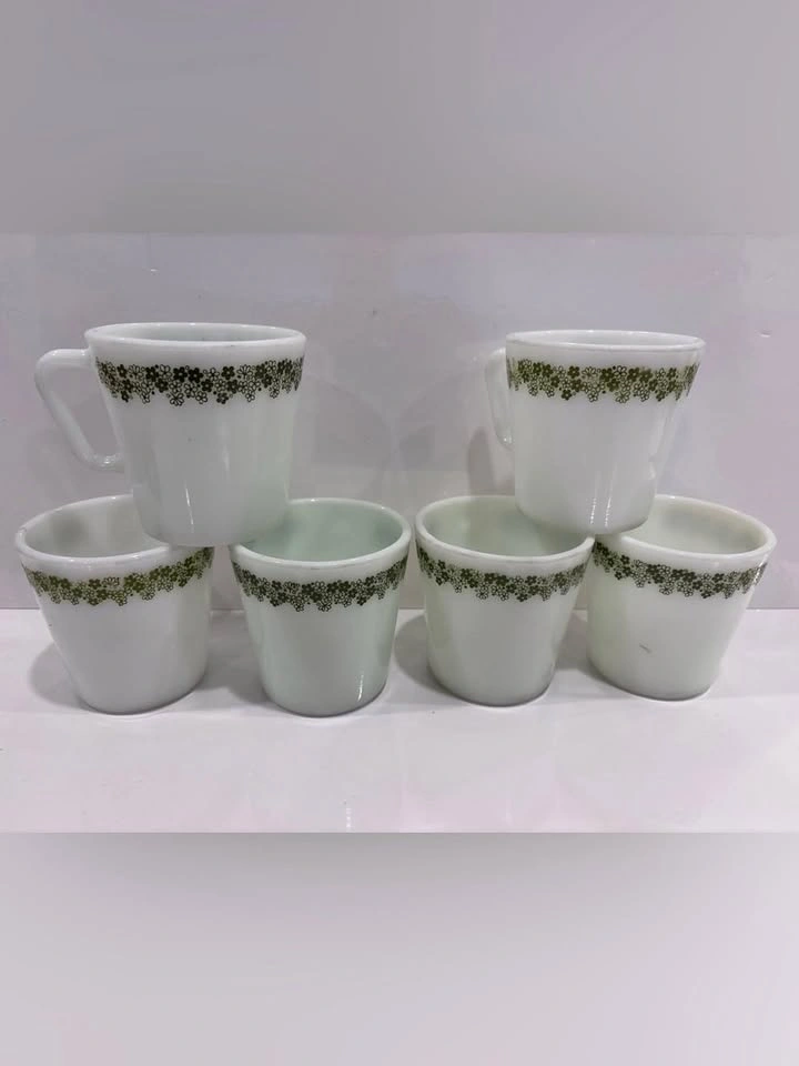 Vintage Pyrex green crazy daisy set of 6 mugs milk glass