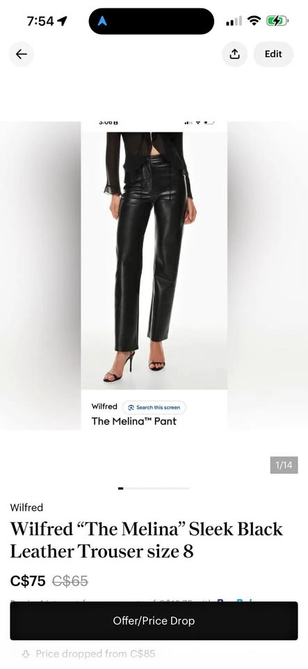 Wilfred "The Melina" Sleek Black Leather Trouser size 8