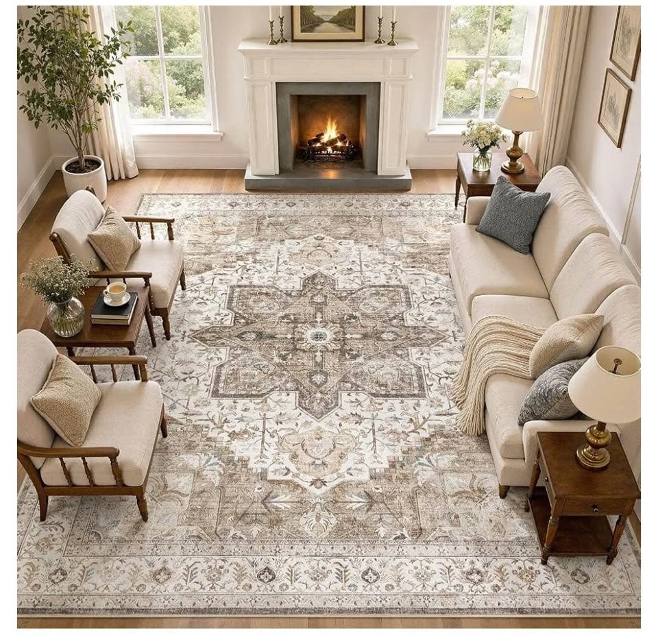 Brand New 10x12 Area Rug - Washable Soft Brown Distressed - photo 2