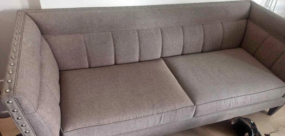 Grey Fabric Sofa with Nailhead Trim