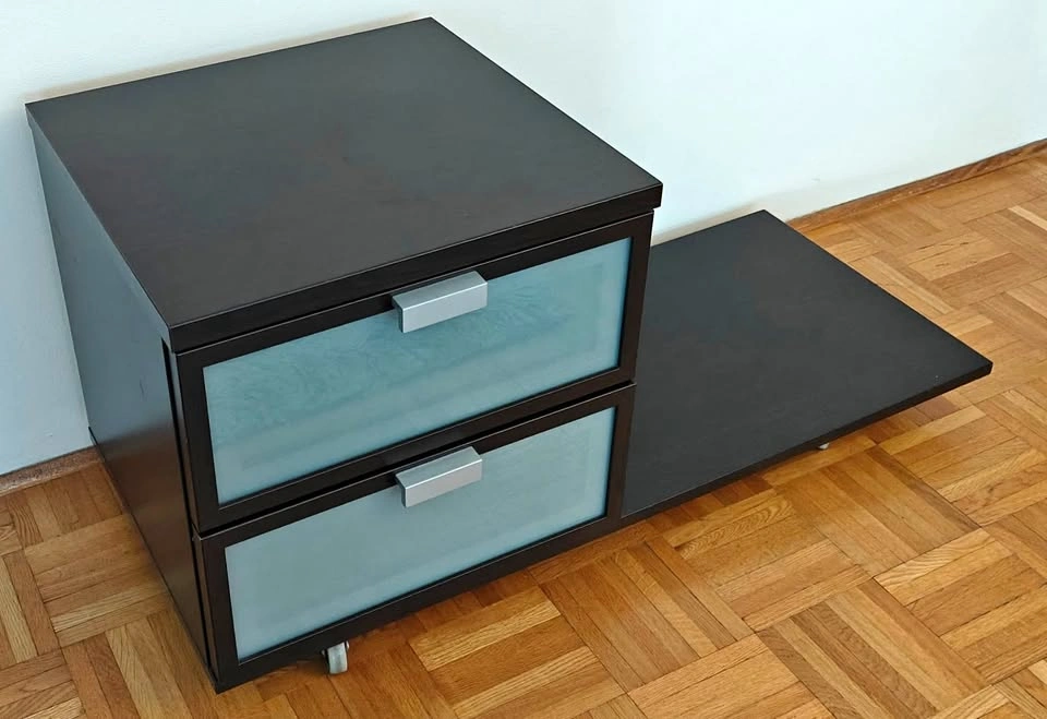 Nightstand with 2 drawers (frosted glass and casters)