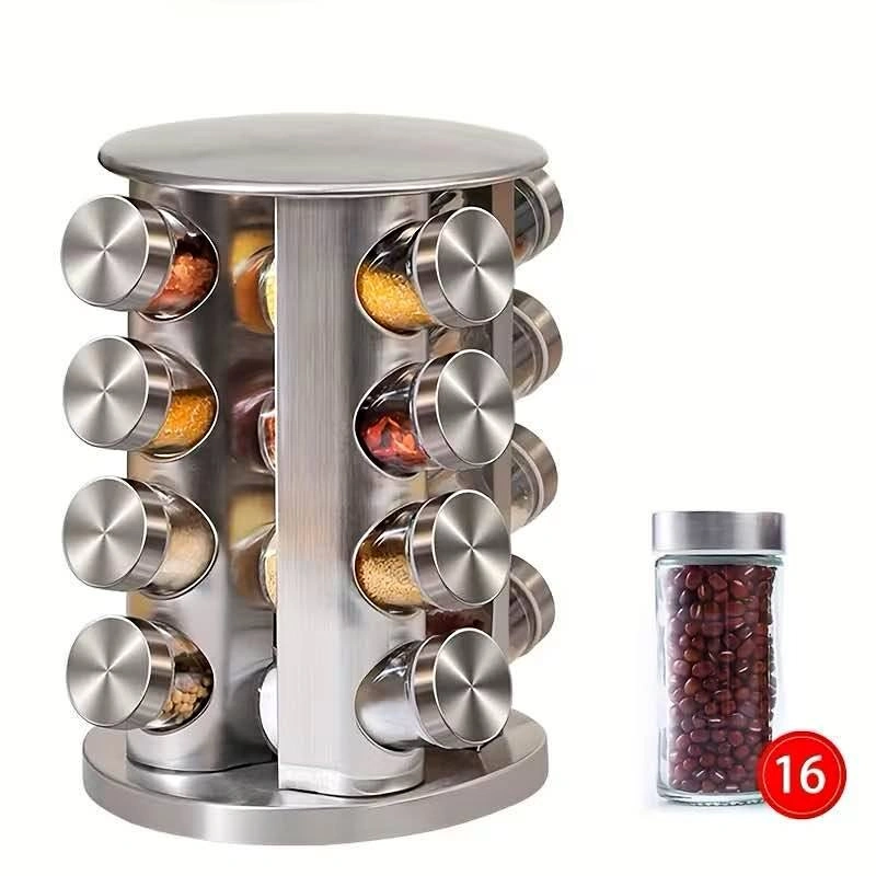 16-Jar Seasoning Rack | Rotating Stainless Steel