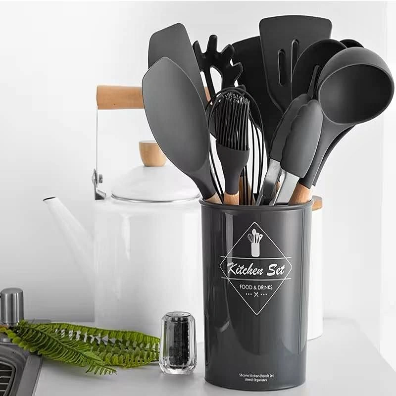 12-Piece Silicone Kitchen Set w/ Wooden Handles on sale