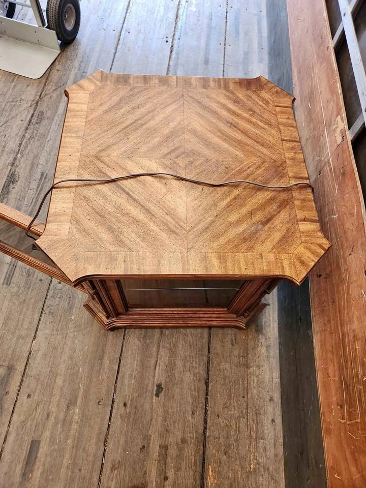 Vintage Wood End Table with Glass Door