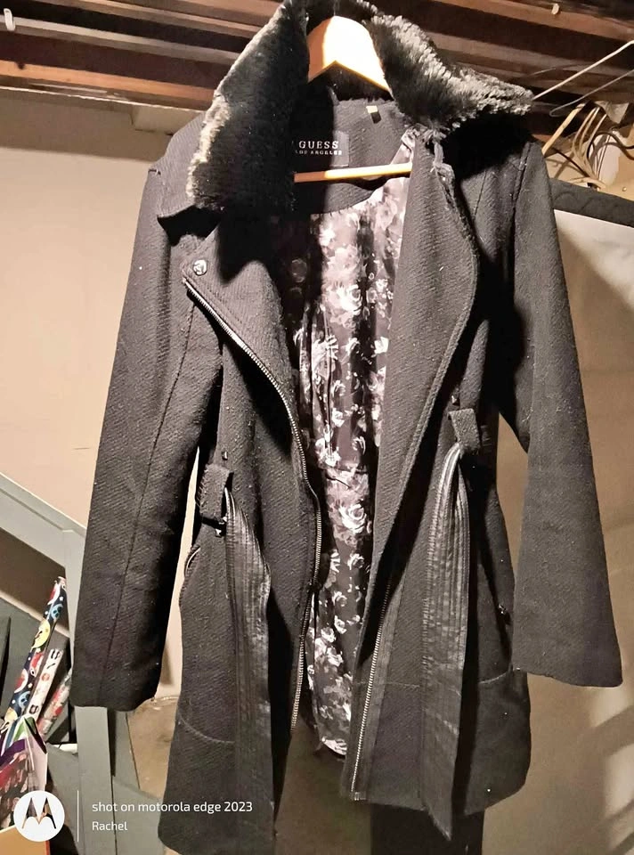 Guess black faux fur belted coat size M