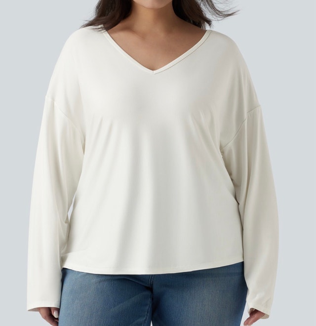 Plus Size V Neck Long Sleeve Casual Top-XL